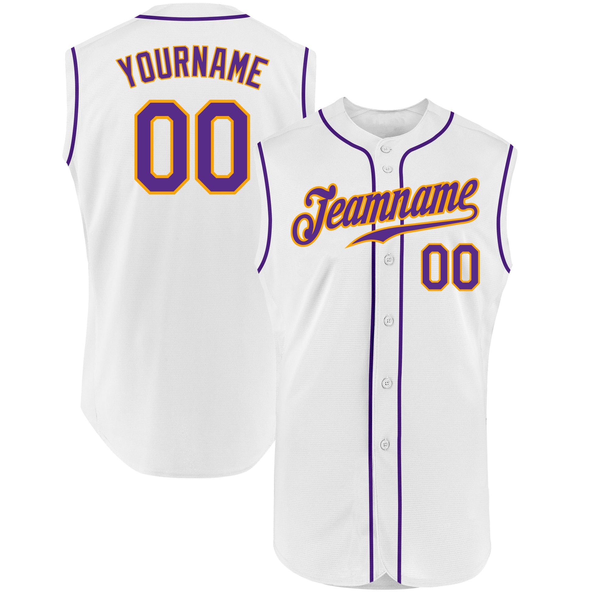 Custom White Purple-Gold Authentic Sleeveless Baseball Jersey - Main View