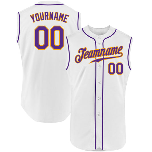 Custom White Purple-Gold Authentic Sleeveless Baseball Jersey - Main View