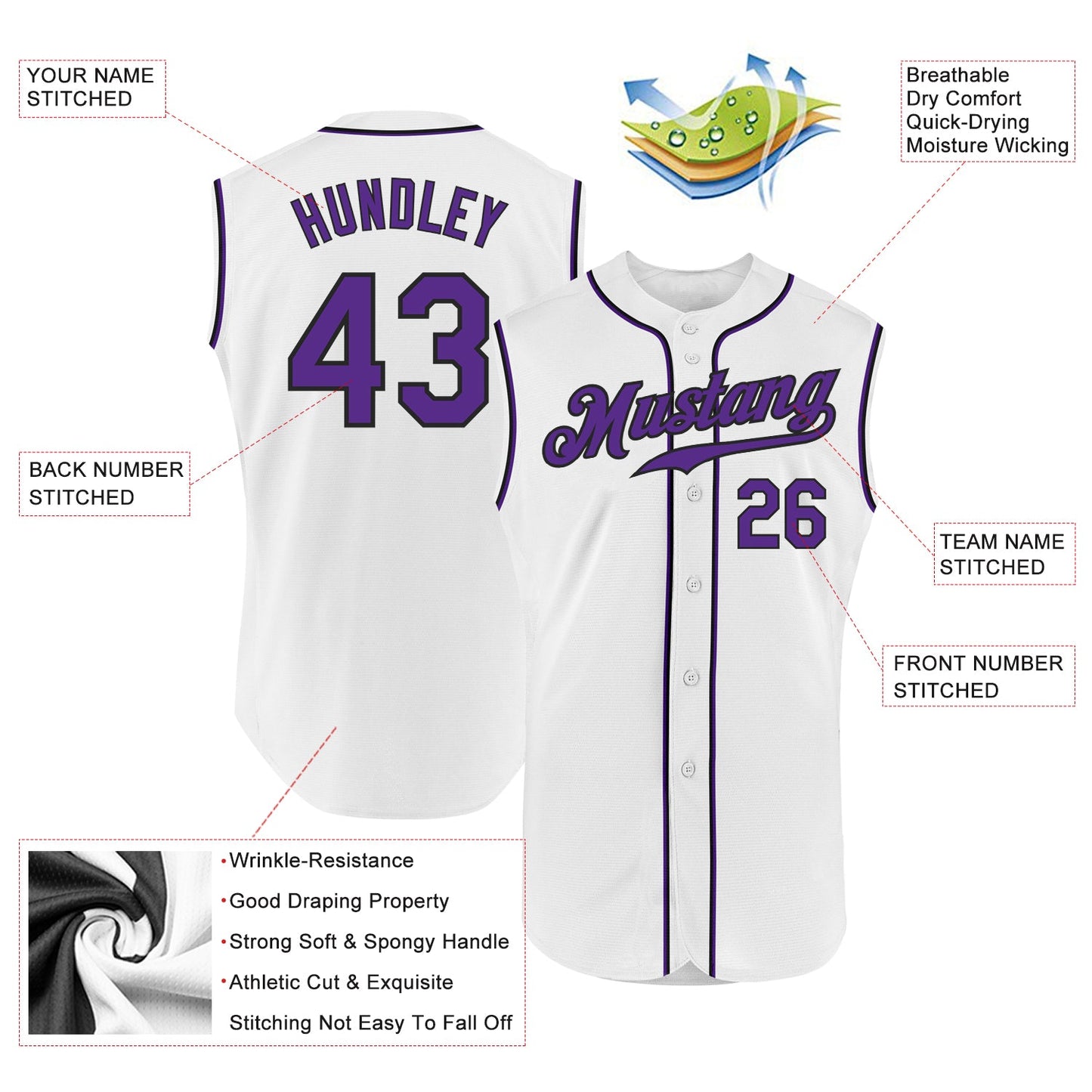 Custom White Purple-Black Authentic Sleeveless Baseball Jersey view 2