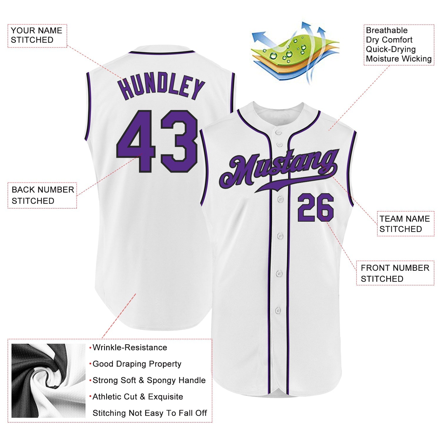 Custom White Purple-Black Authentic Sleeveless Baseball Jersey view 2