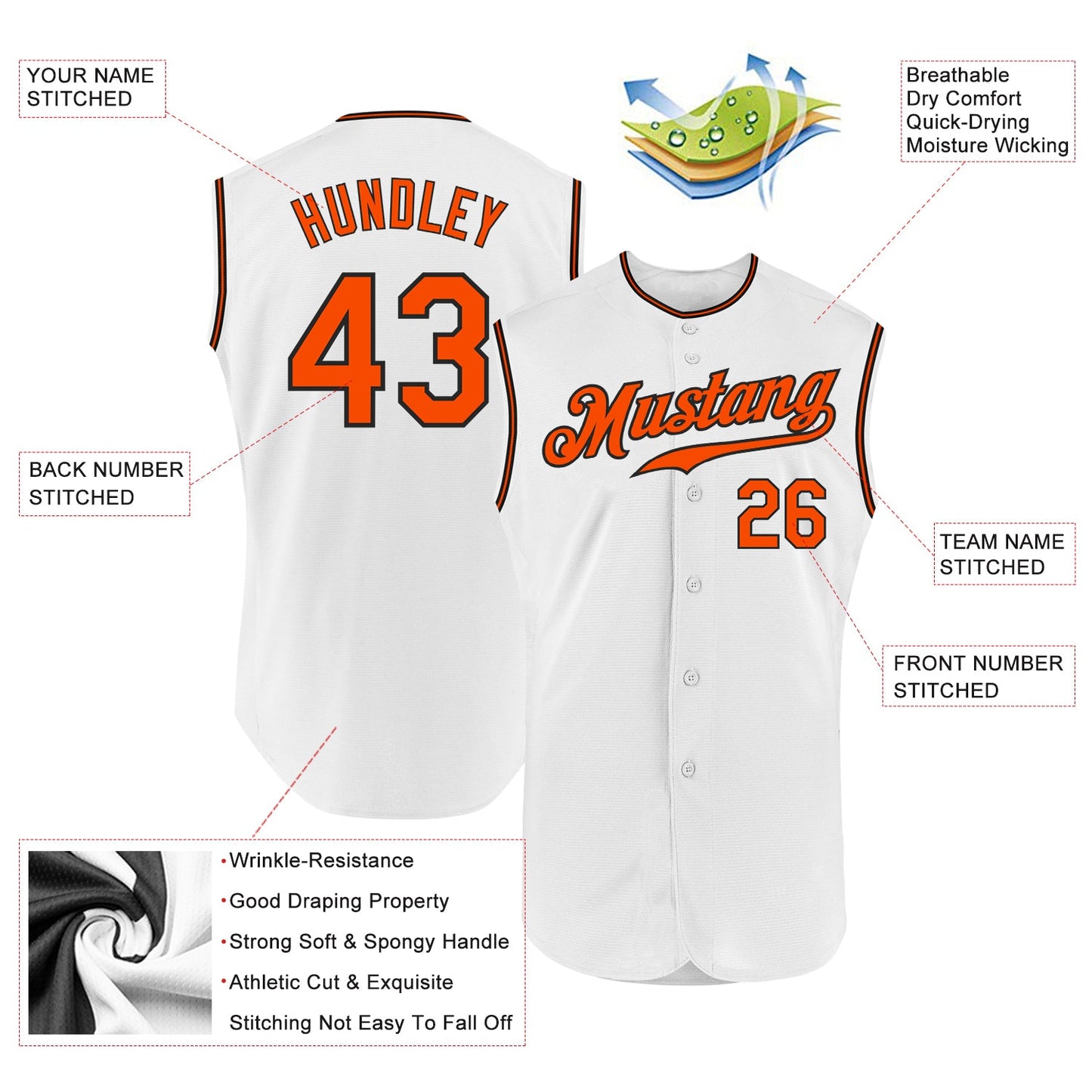 Custom White Orange-Black Authentic Sleeveless Baseball Jersey view 2