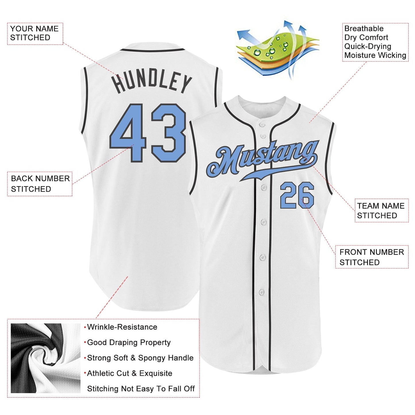 Custom White Light Blue-Steel Gray Authentic Sleeveless Baseball Jersey view 2