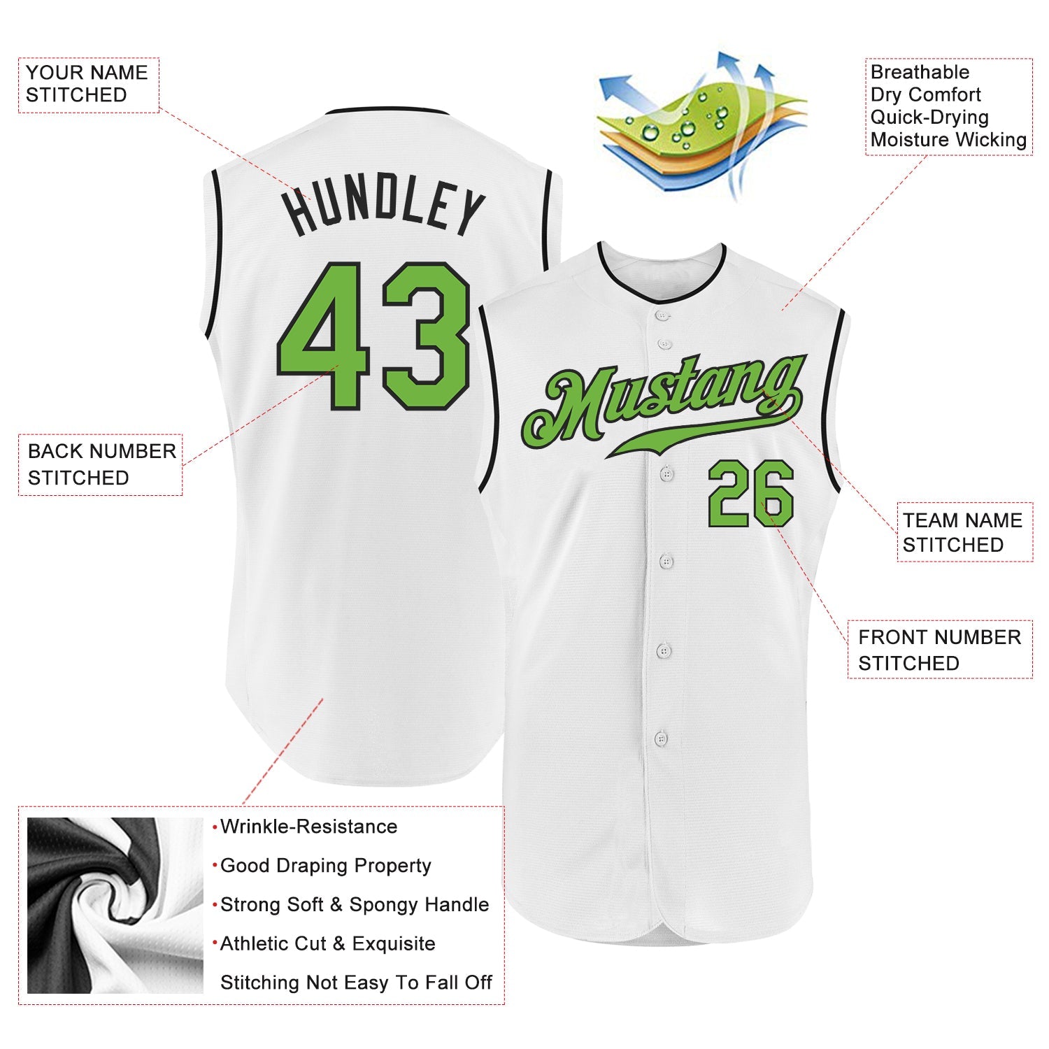 Custom White Neon Green-Black Authentic Sleeveless Baseball Jersey view 2