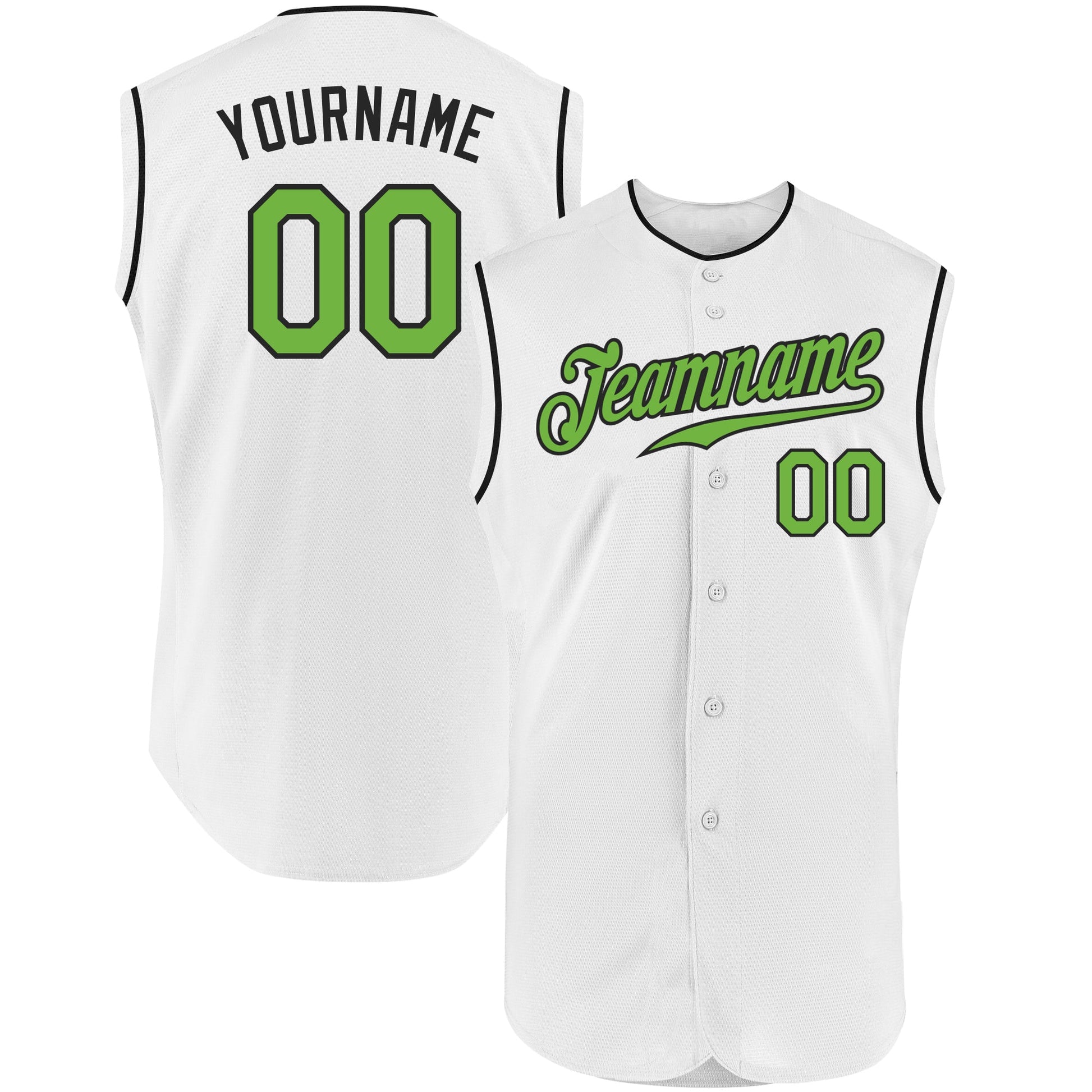 Custom White Neon Green-Black Authentic Sleeveless Baseball Jersey - Main View