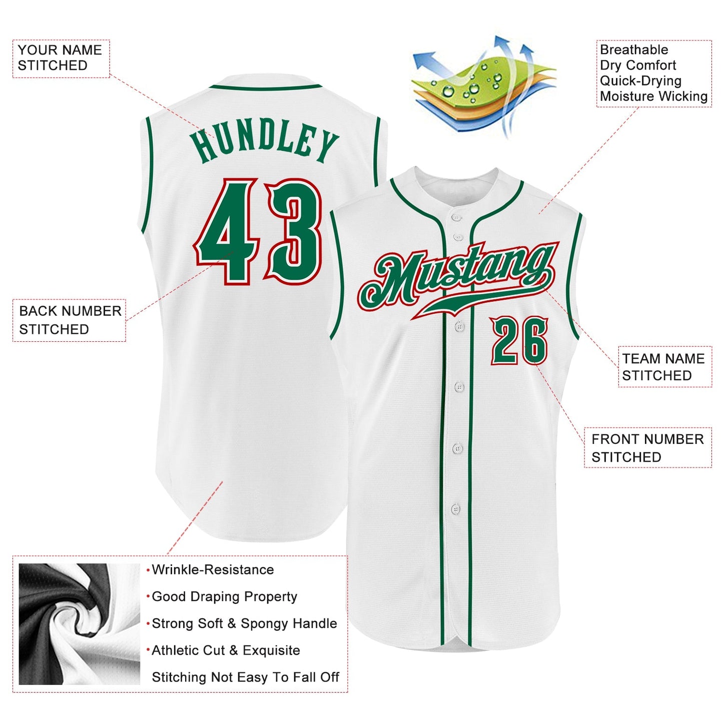 Custom White Kelly Green-Red Authentic Sleeveless Baseball Jersey view 2