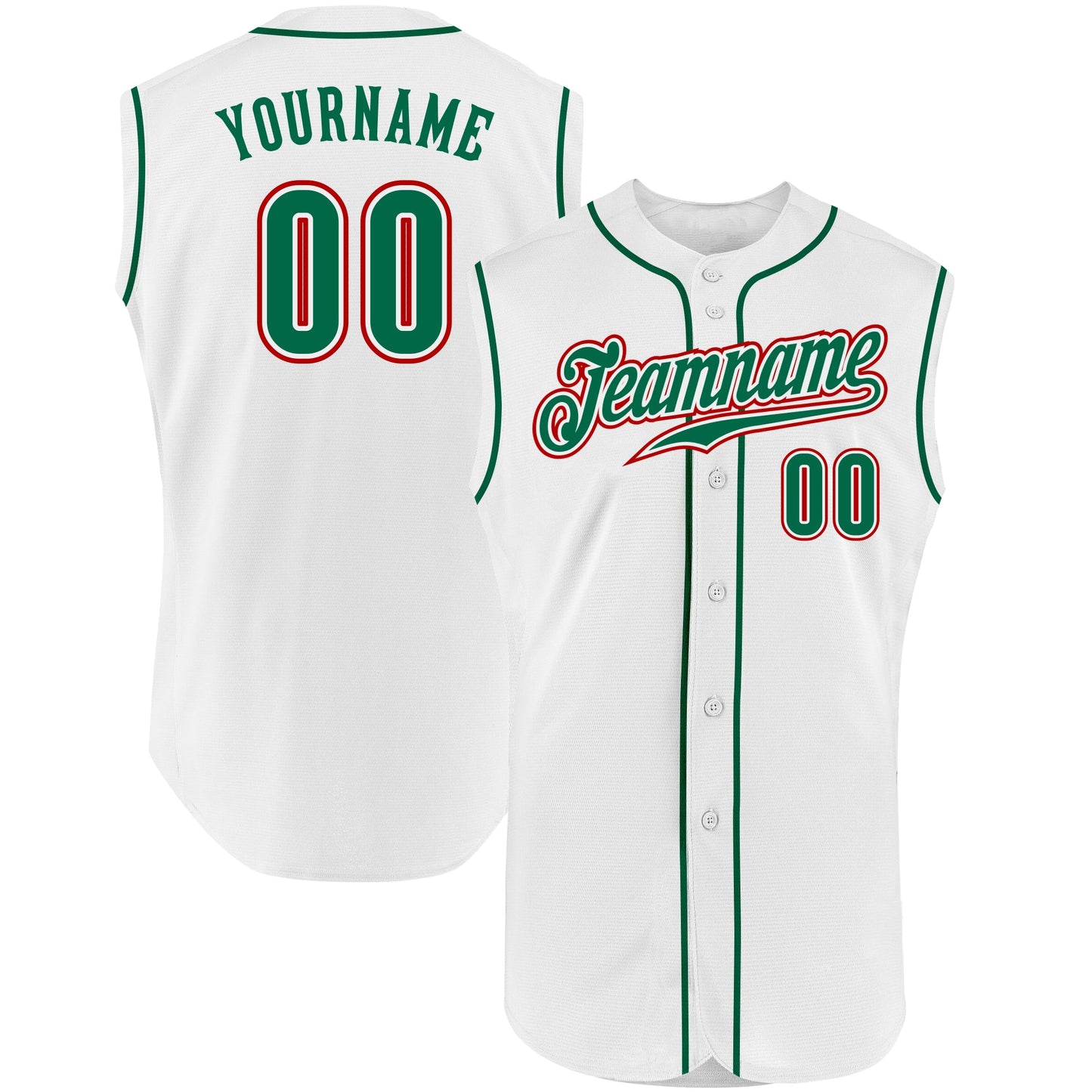 Custom White Kelly Green-Red Authentic Sleeveless Baseball Jersey - Main View