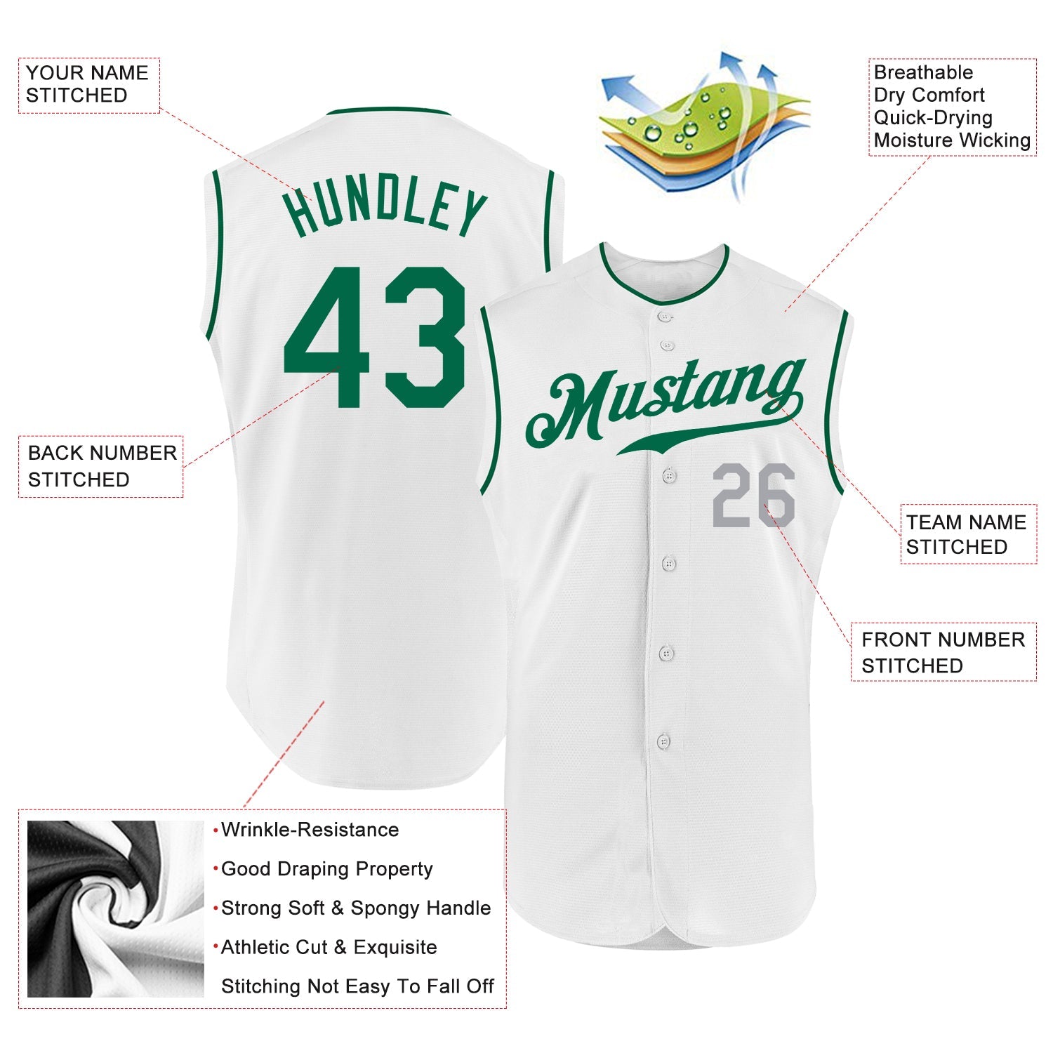 Custom White Kelly Green-Gray Authentic Sleeveless Baseball Jersey view 2