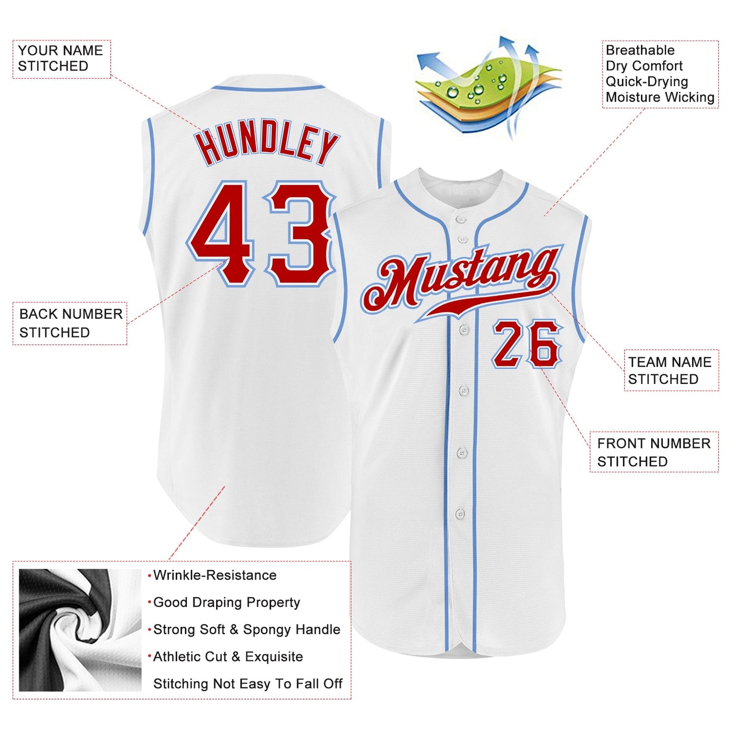 Custom White Red-Light Blue Authentic Sleeveless Baseball Jersey view 2