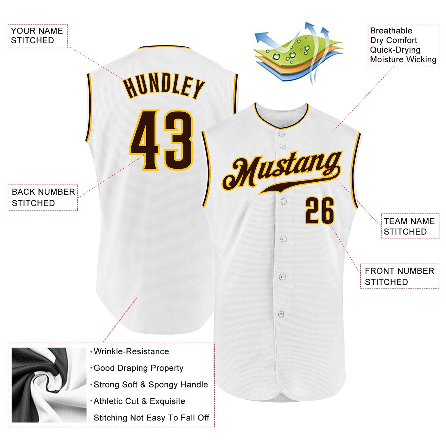 Custom White Brown-Gold Authentic Sleeveless Baseball Jersey view 2
