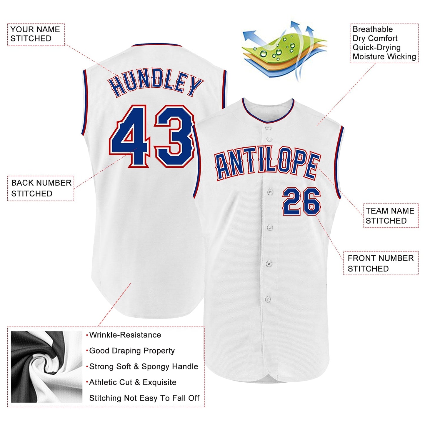 Custom White Royal-Red Authentic Sleeveless Baseball Jersey view 2