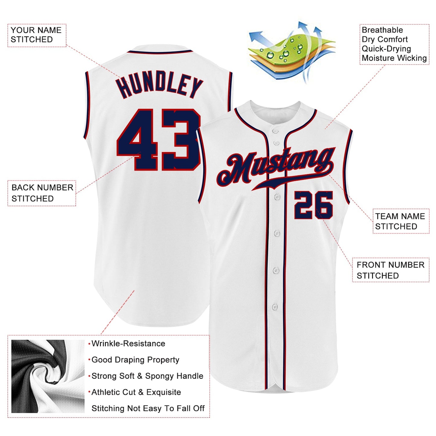 Custom White Navy-Red Authentic Sleeveless Baseball Jersey view 2