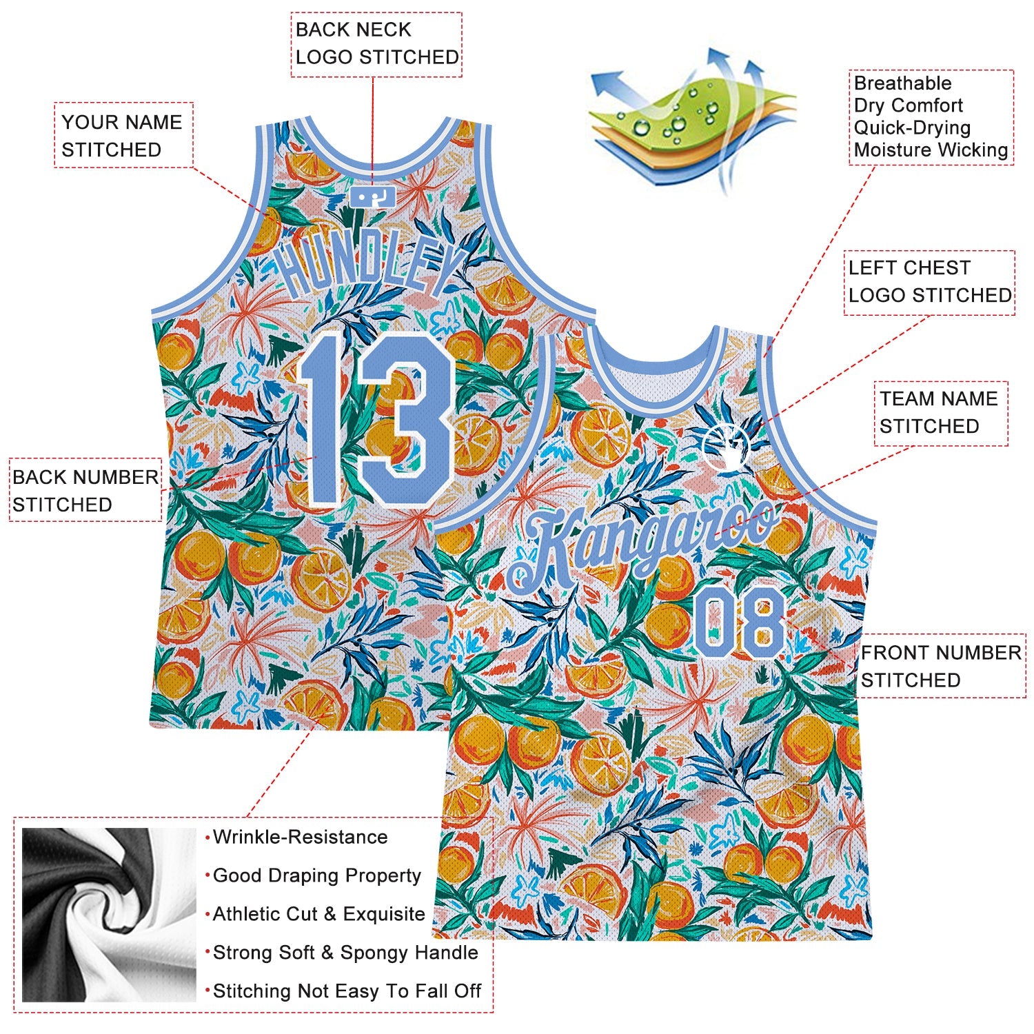 Custom White Light Blue-White 3D Pattern Design Oranges Authentic Basketball Jersey view 2