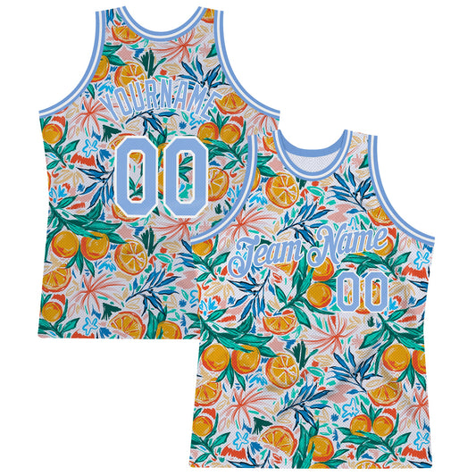 Custom White Light Blue-White 3D Pattern Design Oranges Authentic Basketball Jersey - Main View