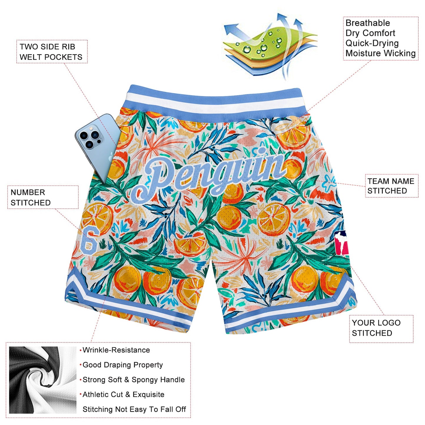 Custom White Light Blue-White 3D Pattern Design Oranges Authentic Basketball Shorts view 2