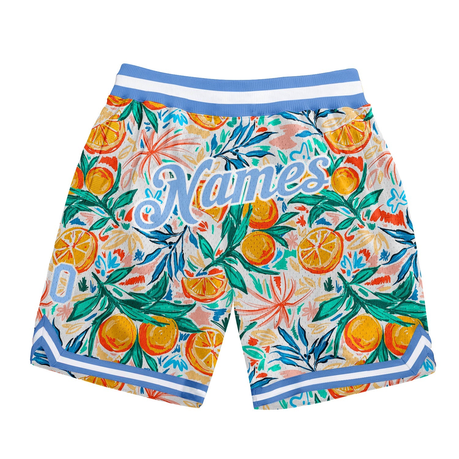 Custom White Light Blue-White 3D Pattern Design Oranges Authentic Basketball Shorts - Main View
