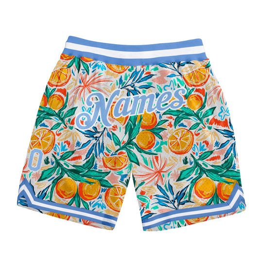 Custom White Light Blue-White 3D Pattern Design Oranges Authentic Basketball Shorts - Main View