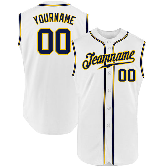 Custom White Navy-Gold Authentic Sleeveless Baseball Jersey - Main View