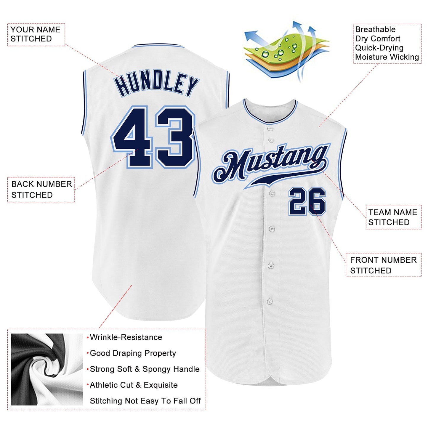 Custom White Navy-Light Blue Authentic Sleeveless Baseball Jersey view 2