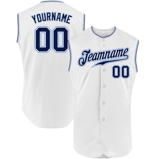 Custom White Navy-Light Blue Authentic Sleeveless Baseball Jersey - Main View