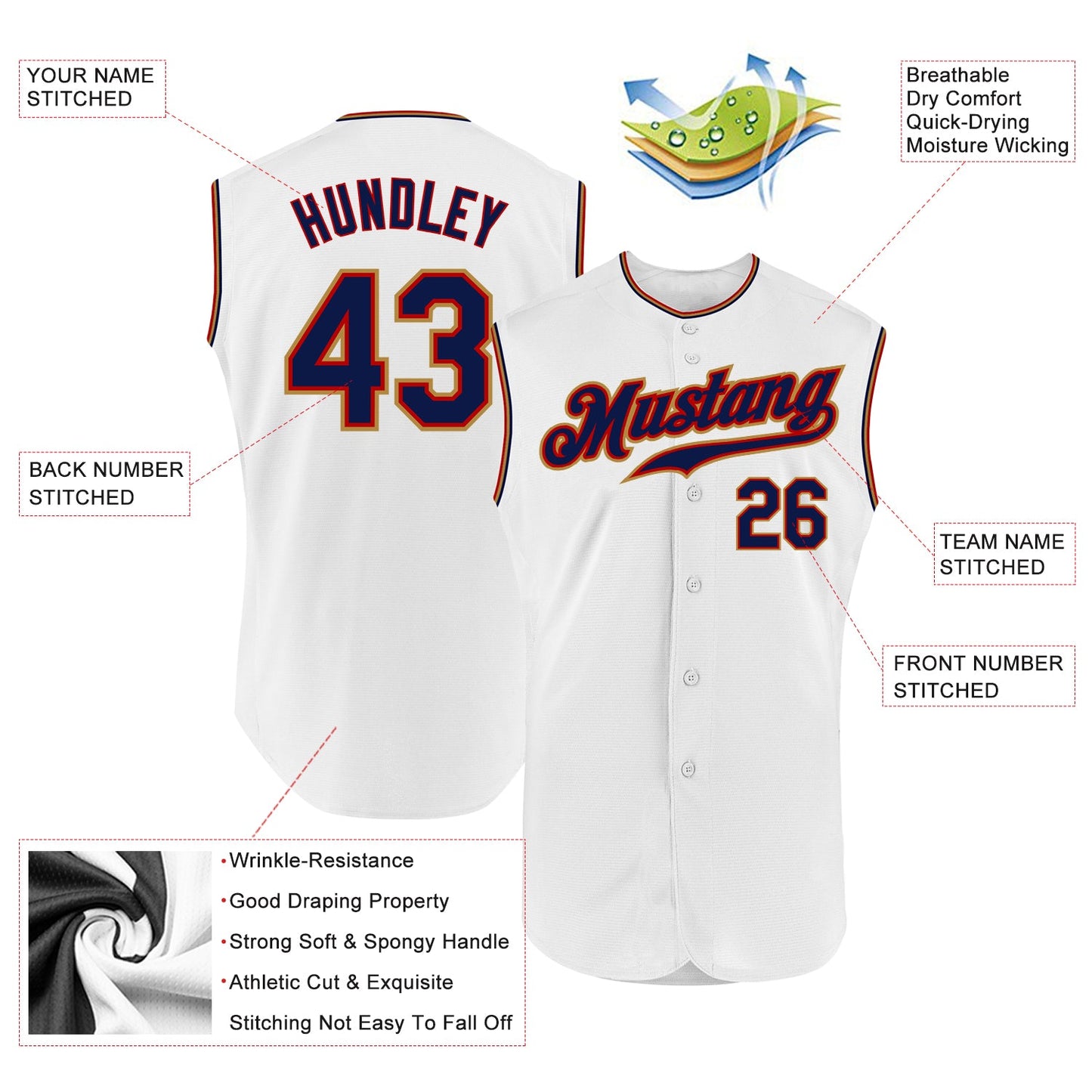 Custom White Navy-Old Gold Authentic Sleeveless Baseball Jersey view 2
