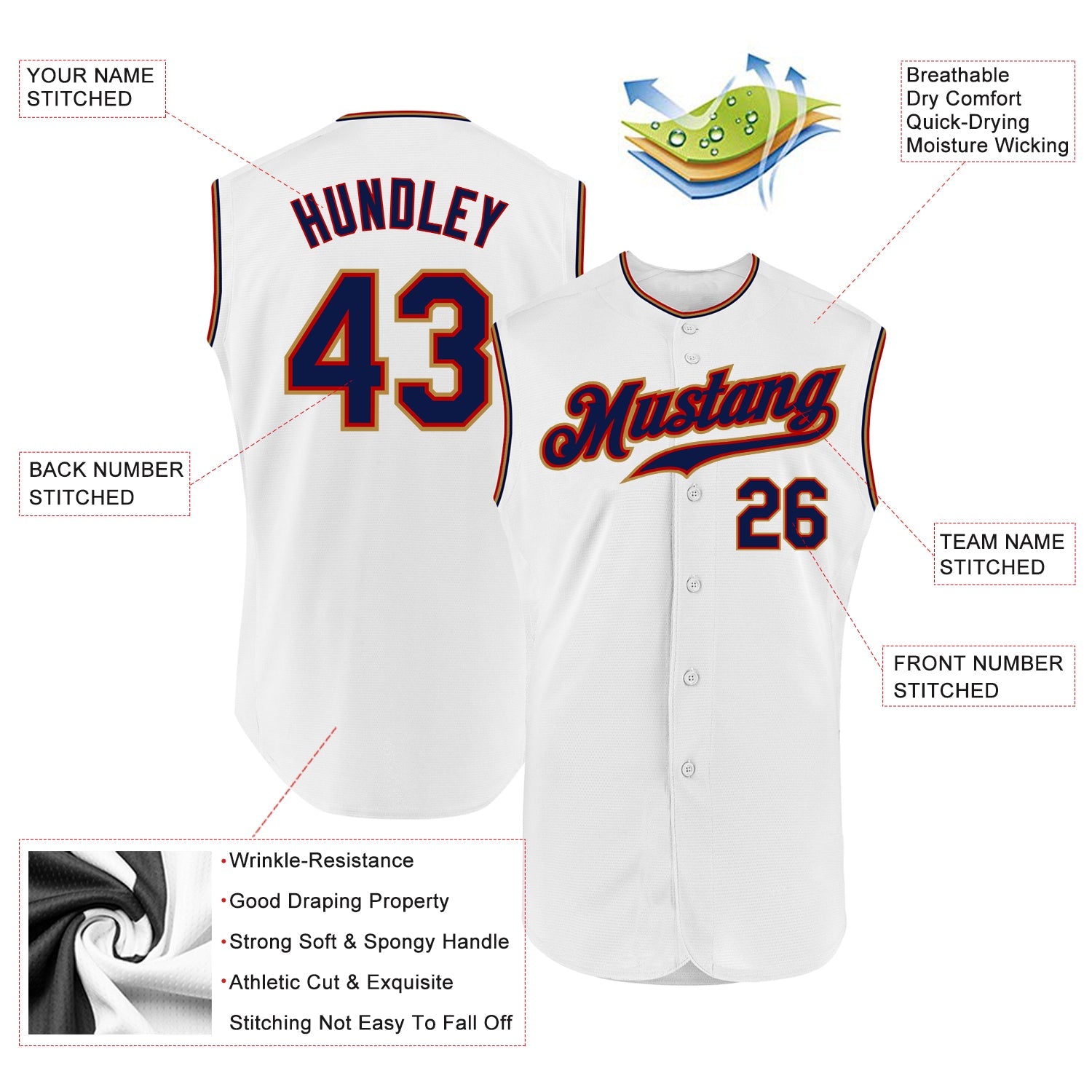Custom White Navy-Old Gold Authentic Sleeveless Baseball Jersey view 2