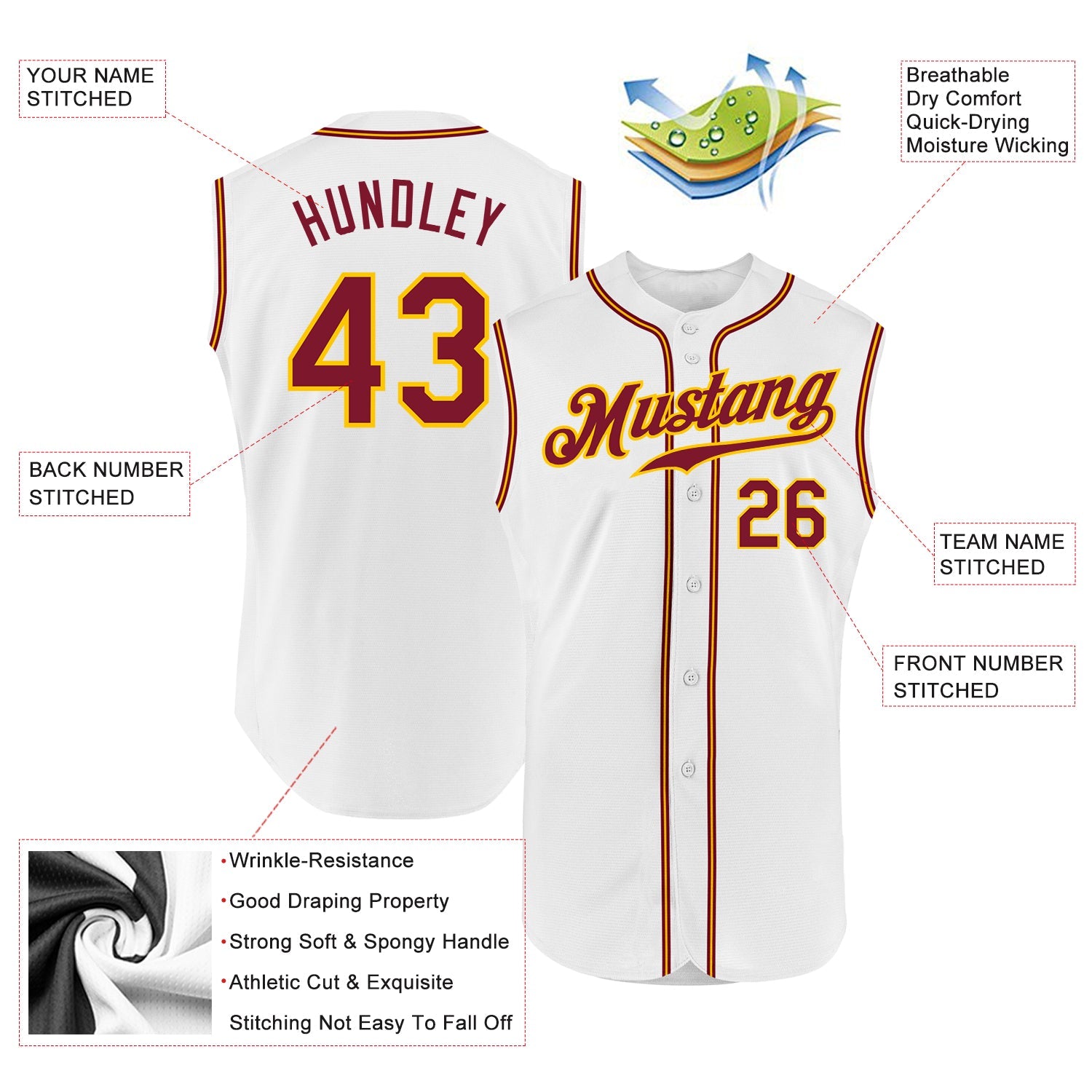 Custom White Crimson-Gold Authentic Sleeveless Baseball Jersey view 2