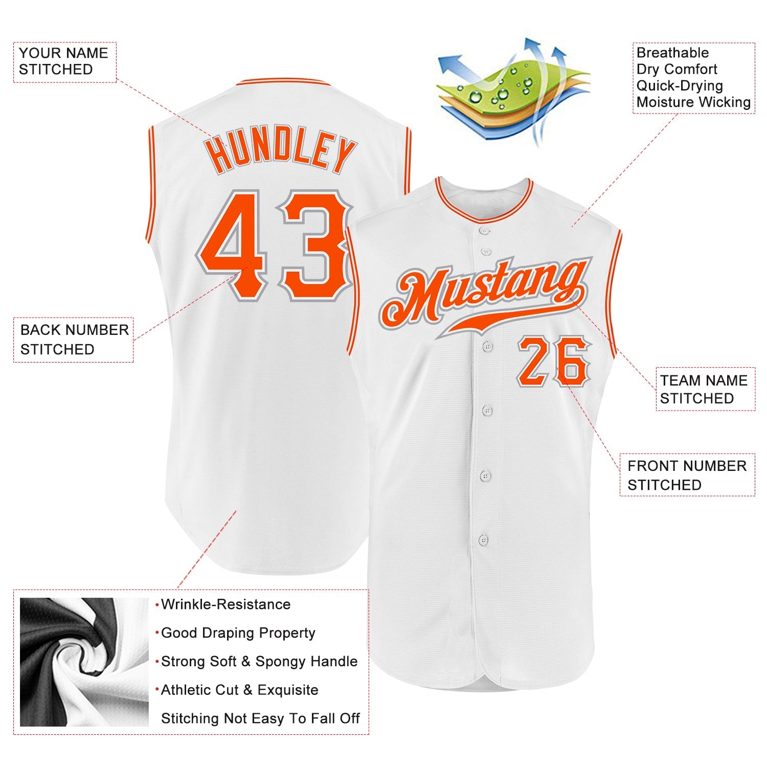 Custom White Orange-Gray Authentic Sleeveless Baseball Jersey view 2
