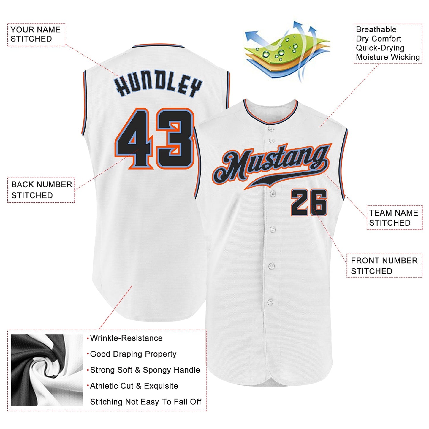 Custom White Black-Orange Authentic Sleeveless Baseball Jersey view 2