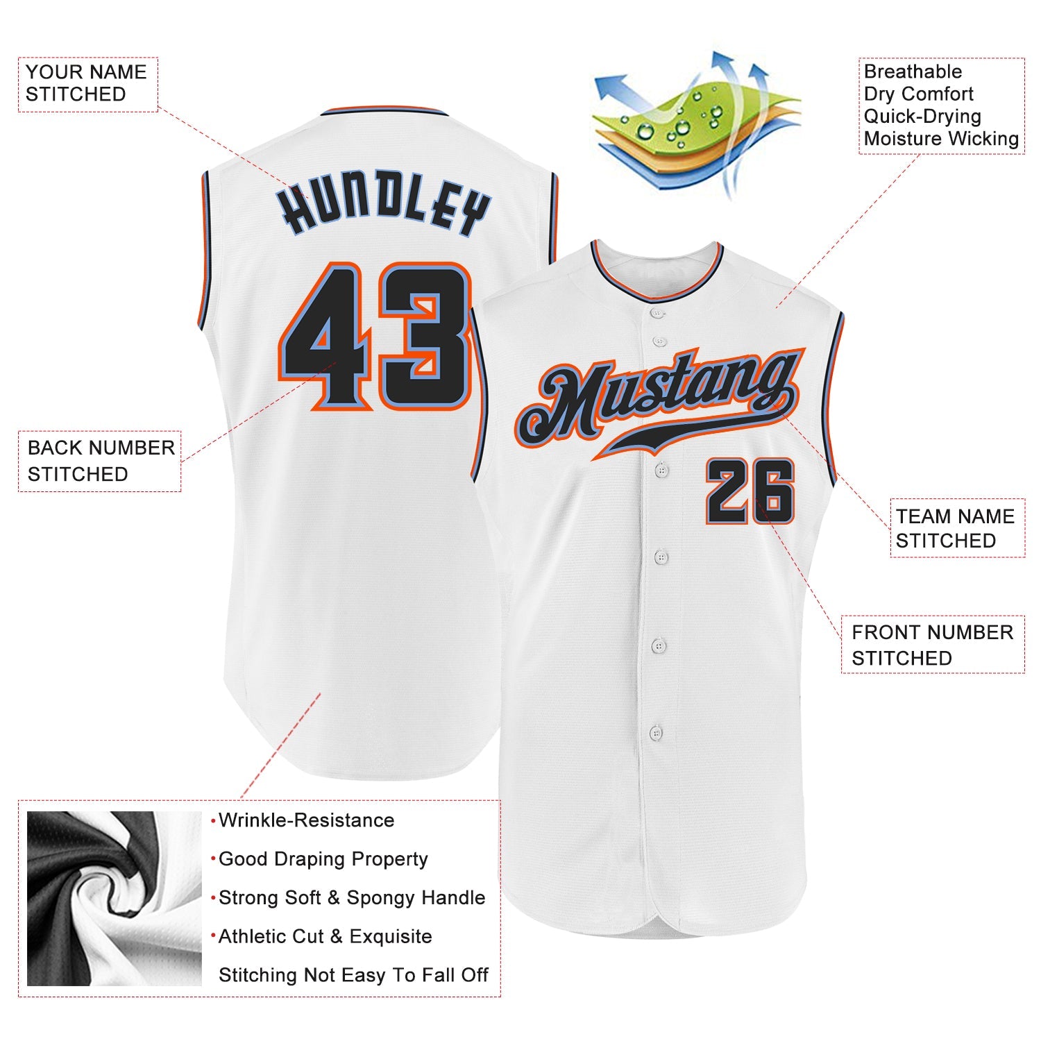 Custom White Black-Orange Authentic Sleeveless Baseball Jersey view 2