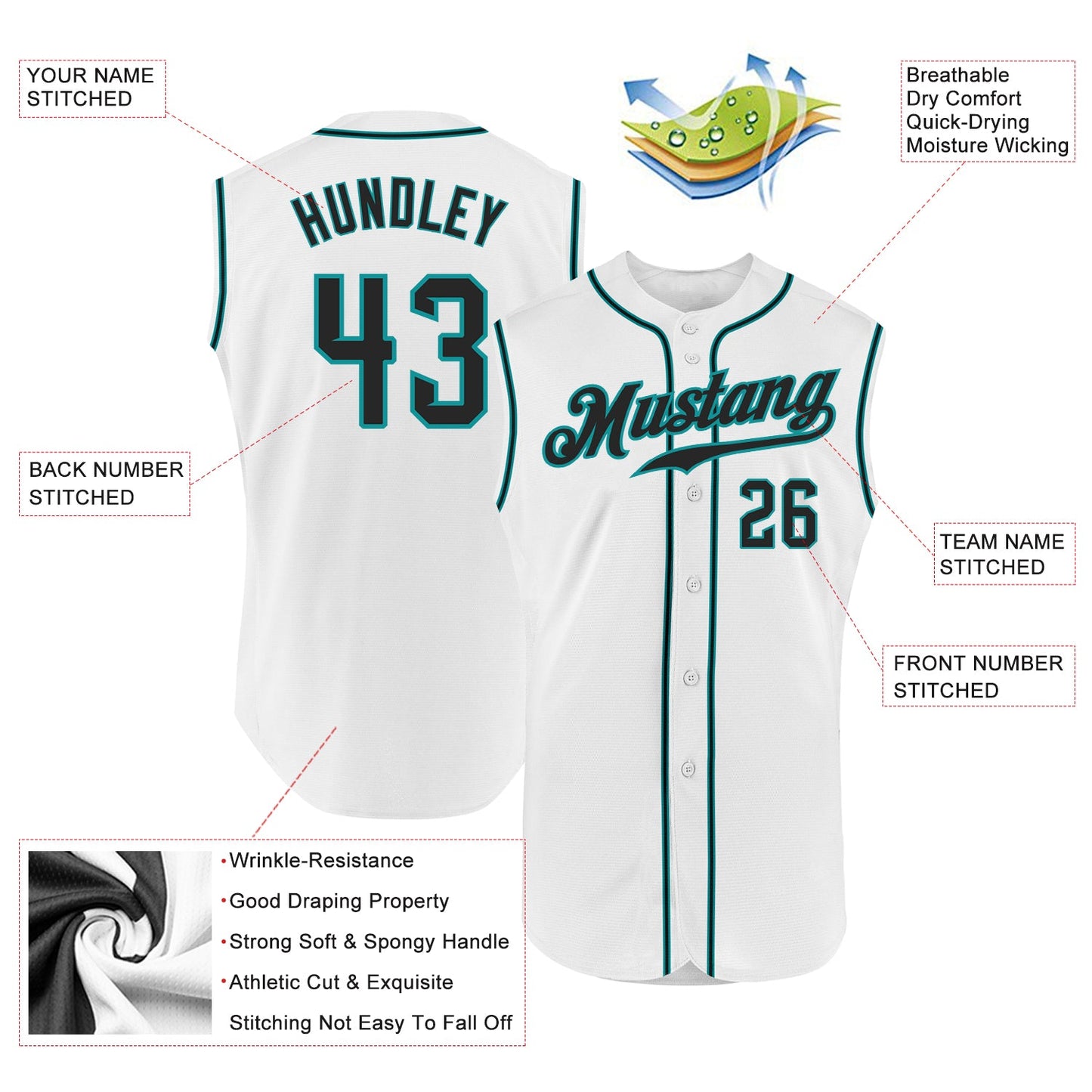 Custom White Black-Teal Authentic Sleeveless Baseball Jersey view 2