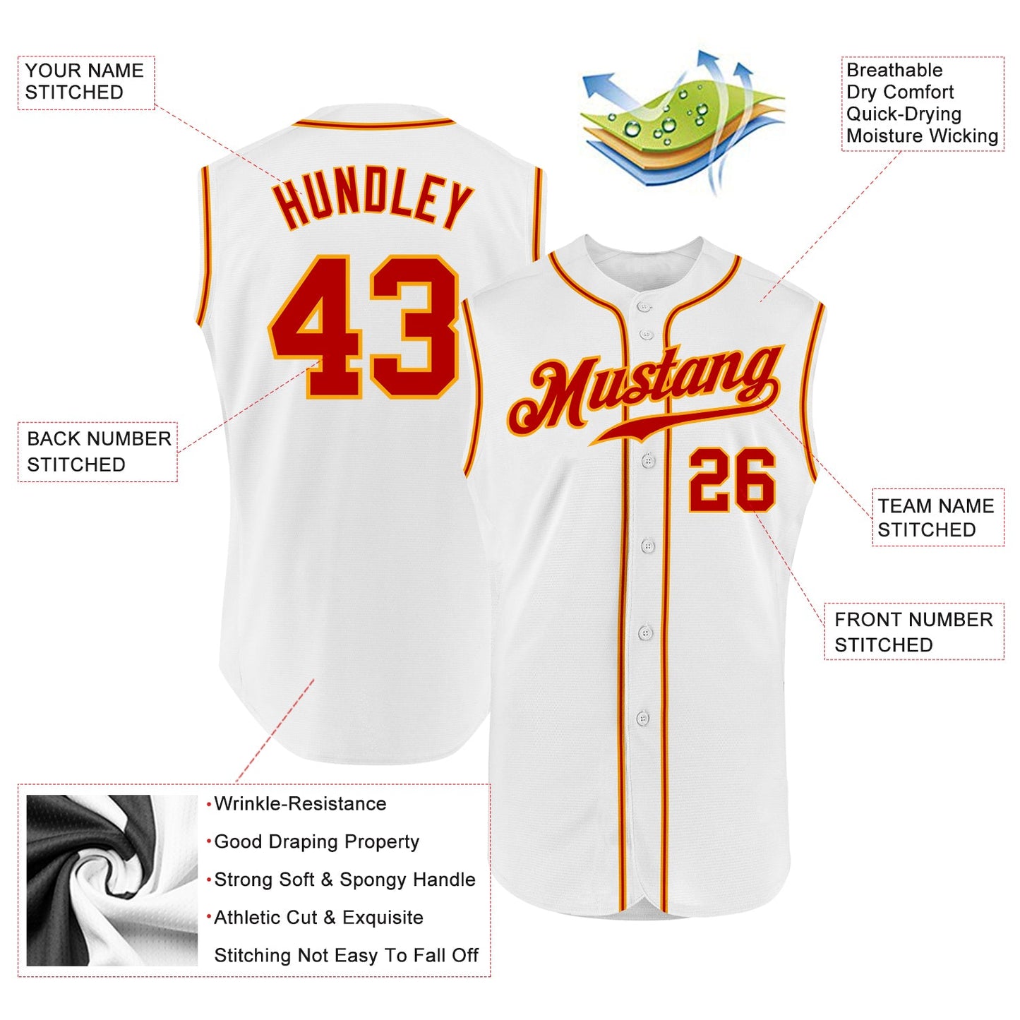 Custom White Red-Gold Authentic Sleeveless Baseball Jersey view 2