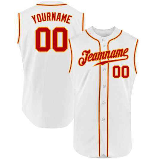 Custom White Red-Gold Authentic Sleeveless Baseball Jersey - Main View