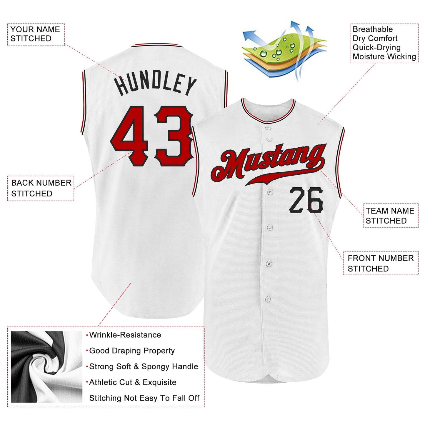 Custom White Red-Black Authentic Sleeveless Baseball Jersey view 2