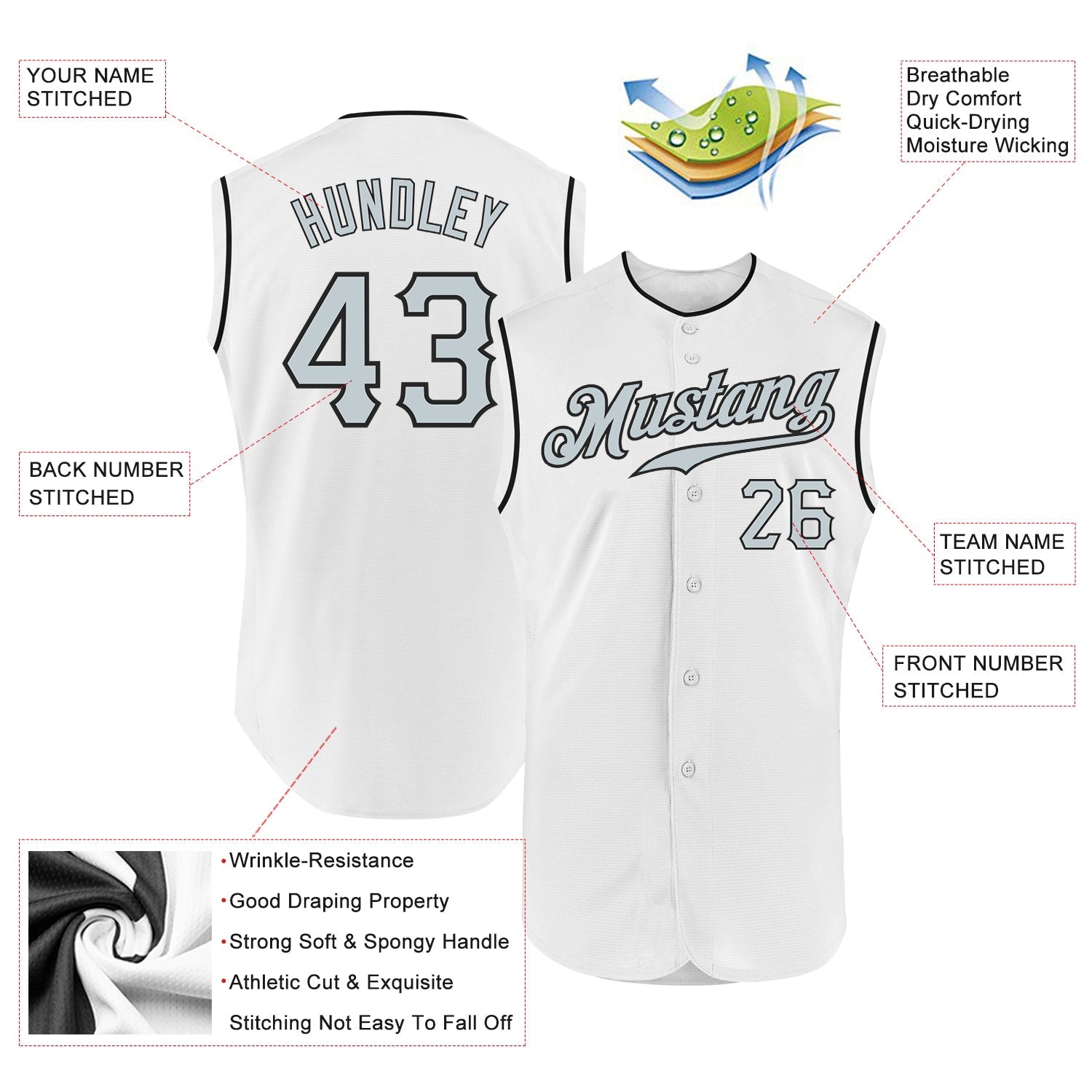 Custom White Silver-Black Authentic Sleeveless Baseball Jersey view 2