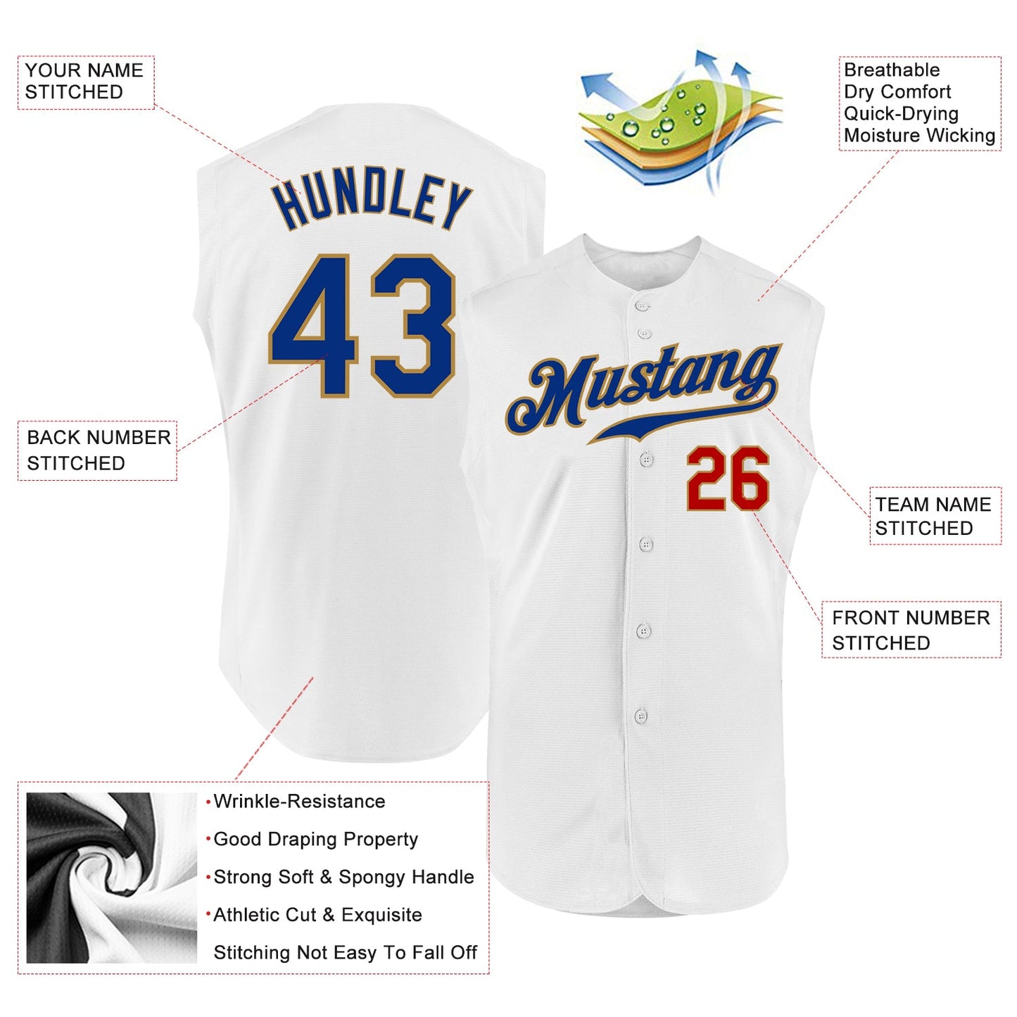 Custom White Royal-Old Gold Authentic Sleeveless Baseball Jersey view 2
