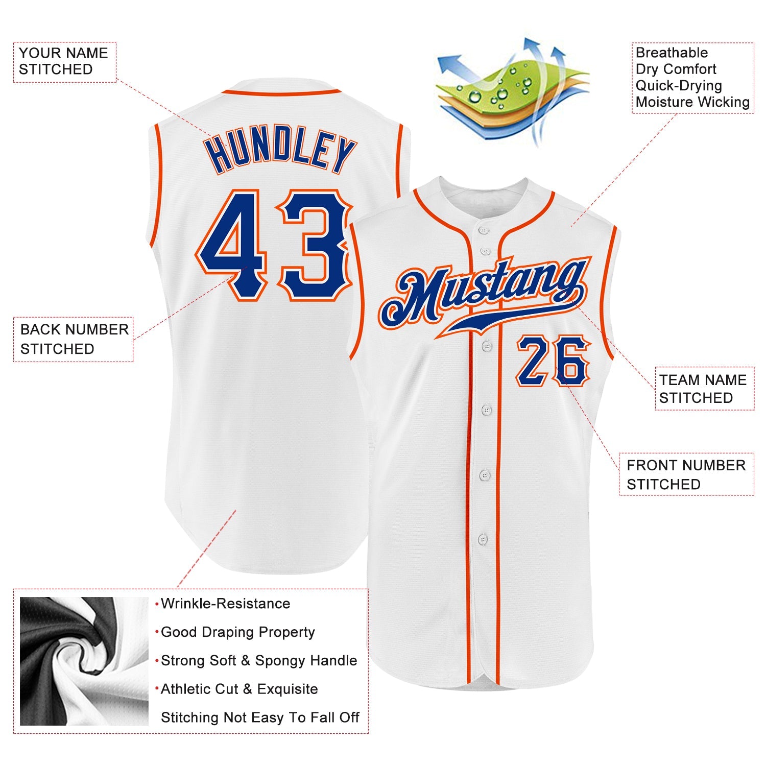 Custom White Royal-Orange Authentic Sleeveless Baseball Jersey view 2