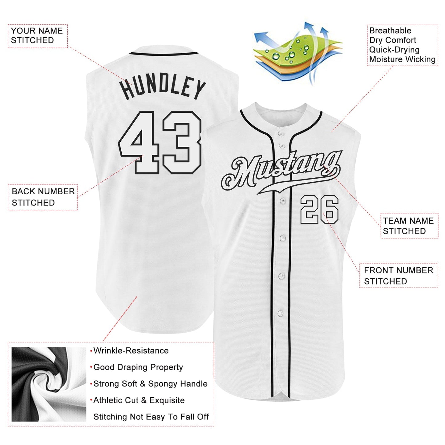 Custom White White-Black Authentic Sleeveless Baseball Jersey view 3