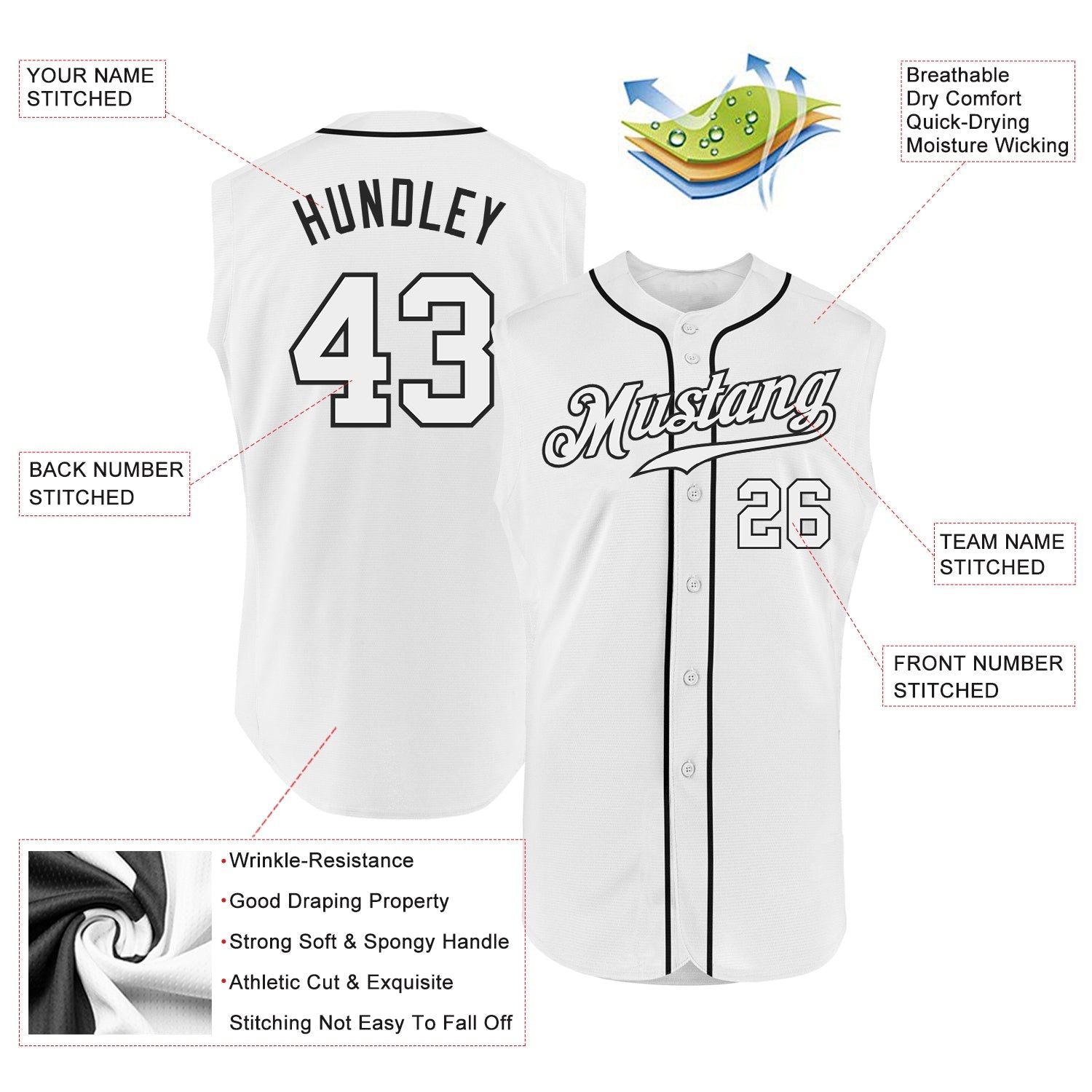 Custom White White-Black Authentic Sleeveless Baseball Jersey view 3