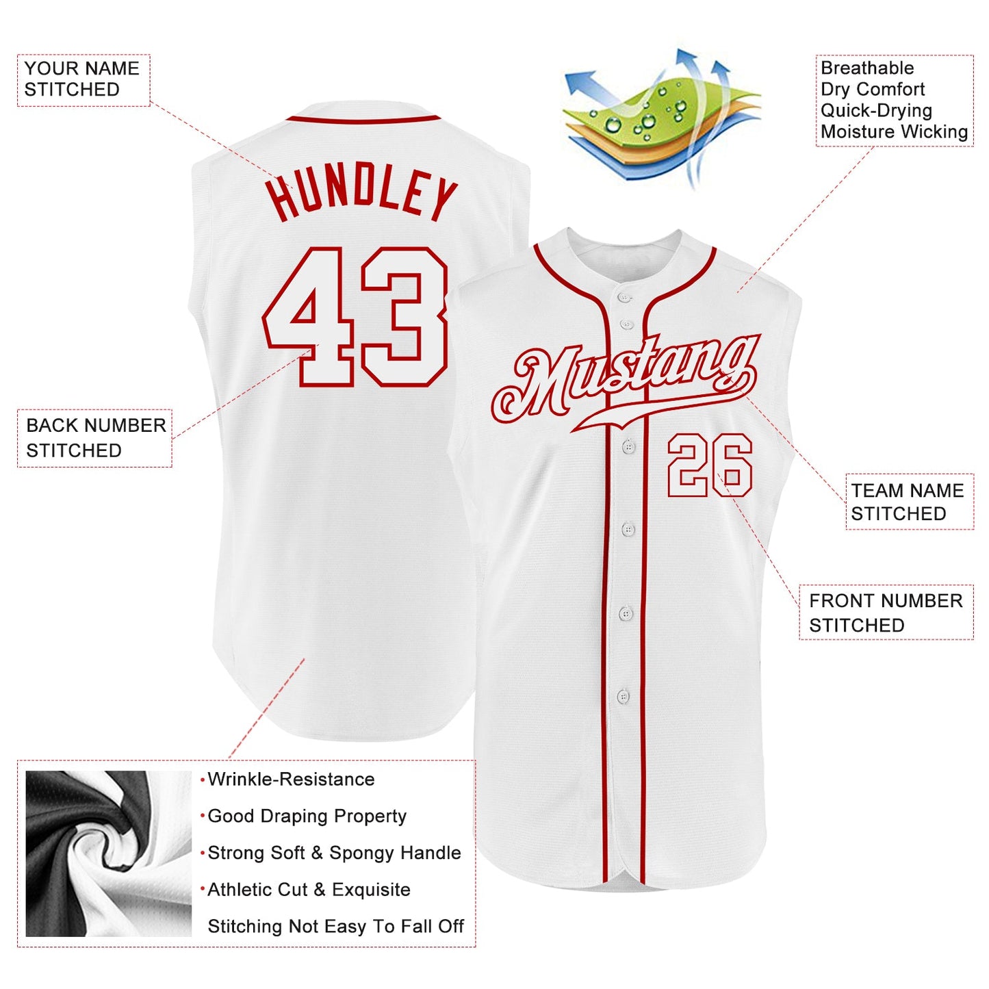 Custom White White-Red Authentic Sleeveless Baseball Jersey view 2