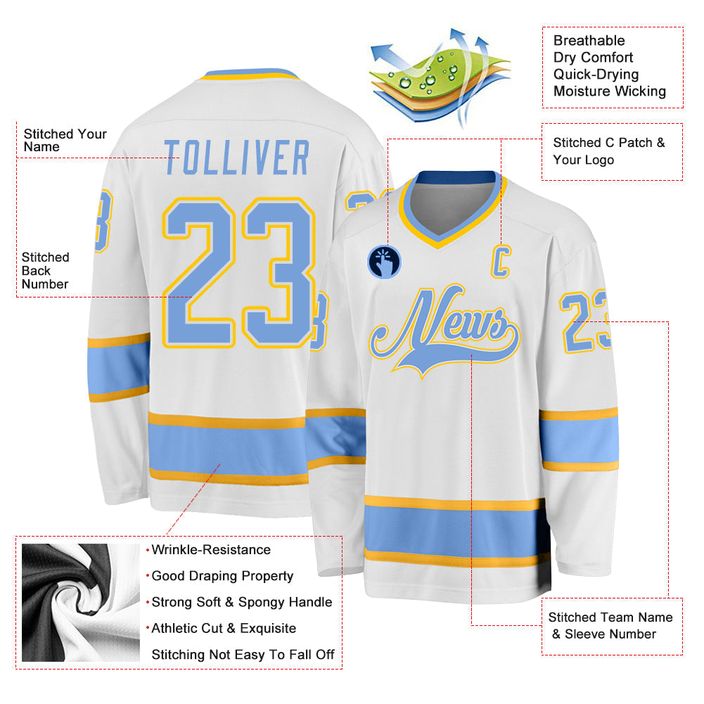 Custom White Light Blue-Gold Hockey Jersey view 2