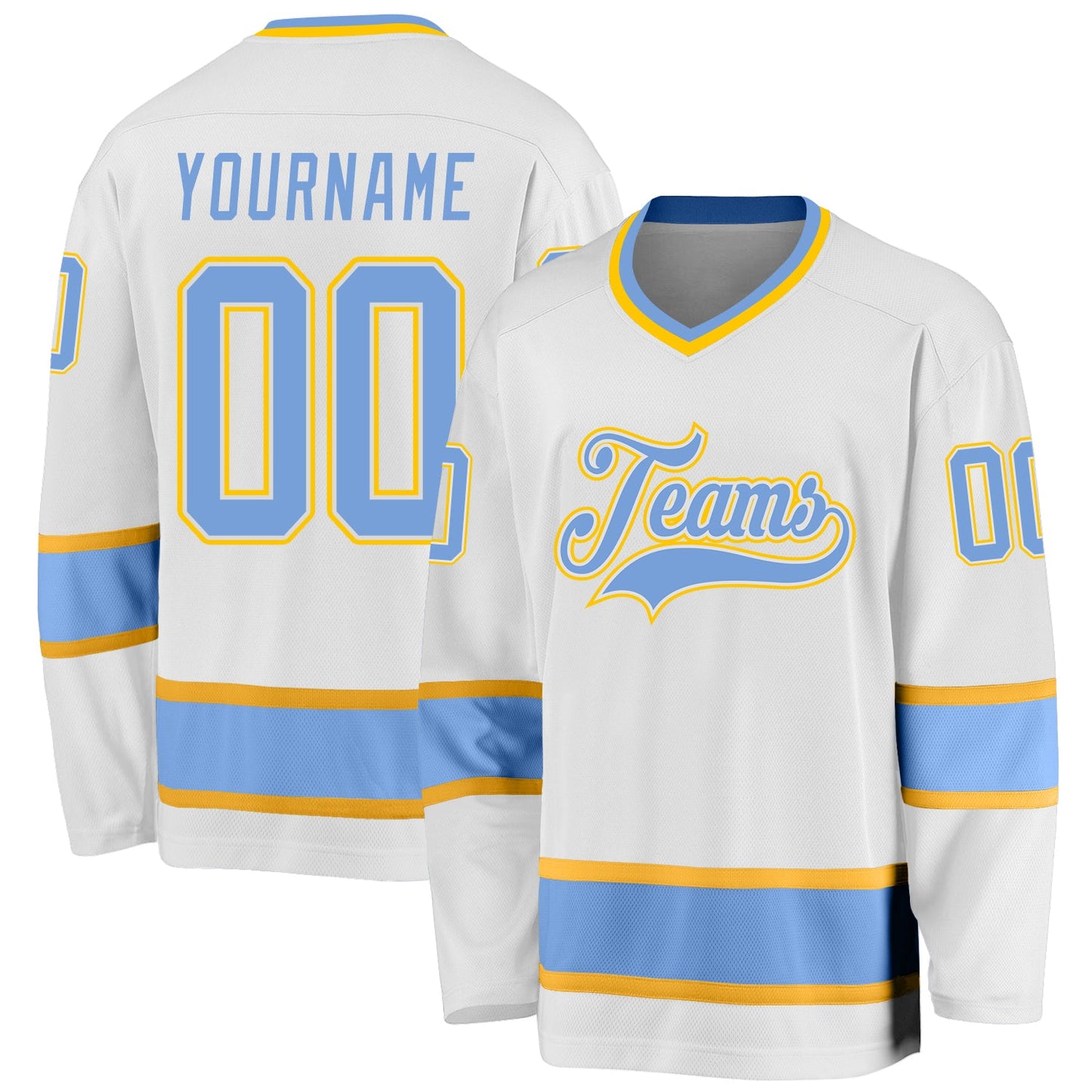 Custom White Light Blue-Gold Hockey Jersey - Main View