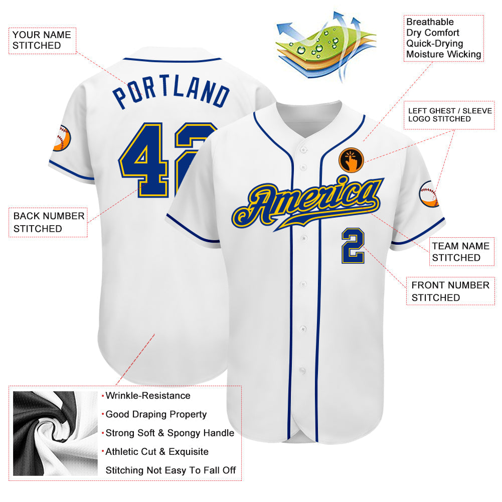 Custom White Royal-Gold Authentic Baseball Jersey view 3