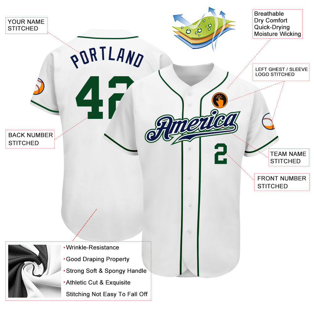 Custom White Green-Navy Authentic Baseball Jersey view 3