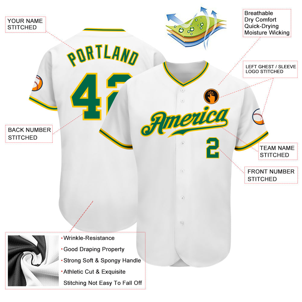Custom White Kelly Green-Gold Authentic Baseball Jersey view 3