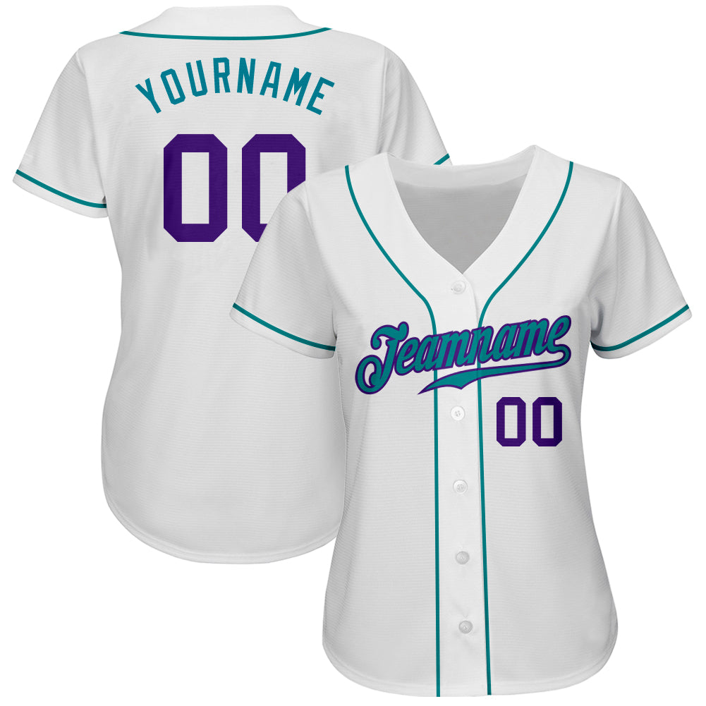 Custom White Purple-Teal Authentic Baseball Jersey view 2