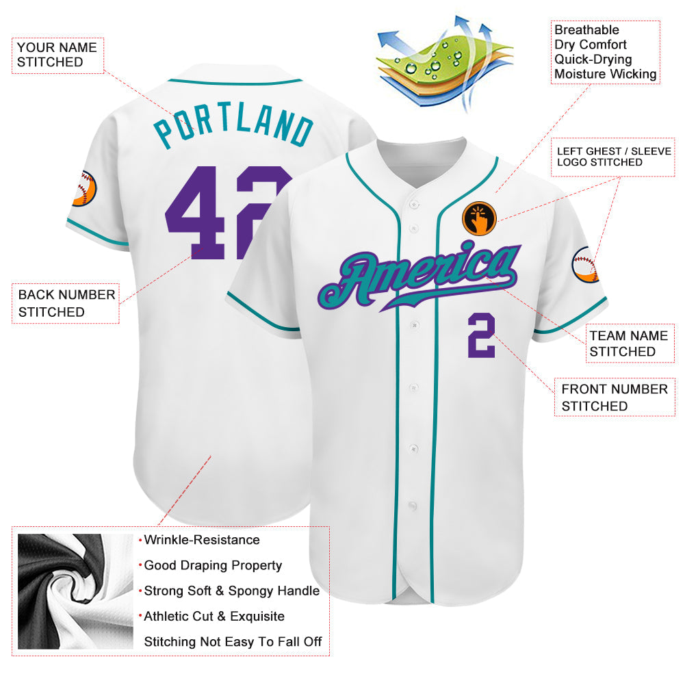 Custom White Purple-Teal Authentic Baseball Jersey view 3