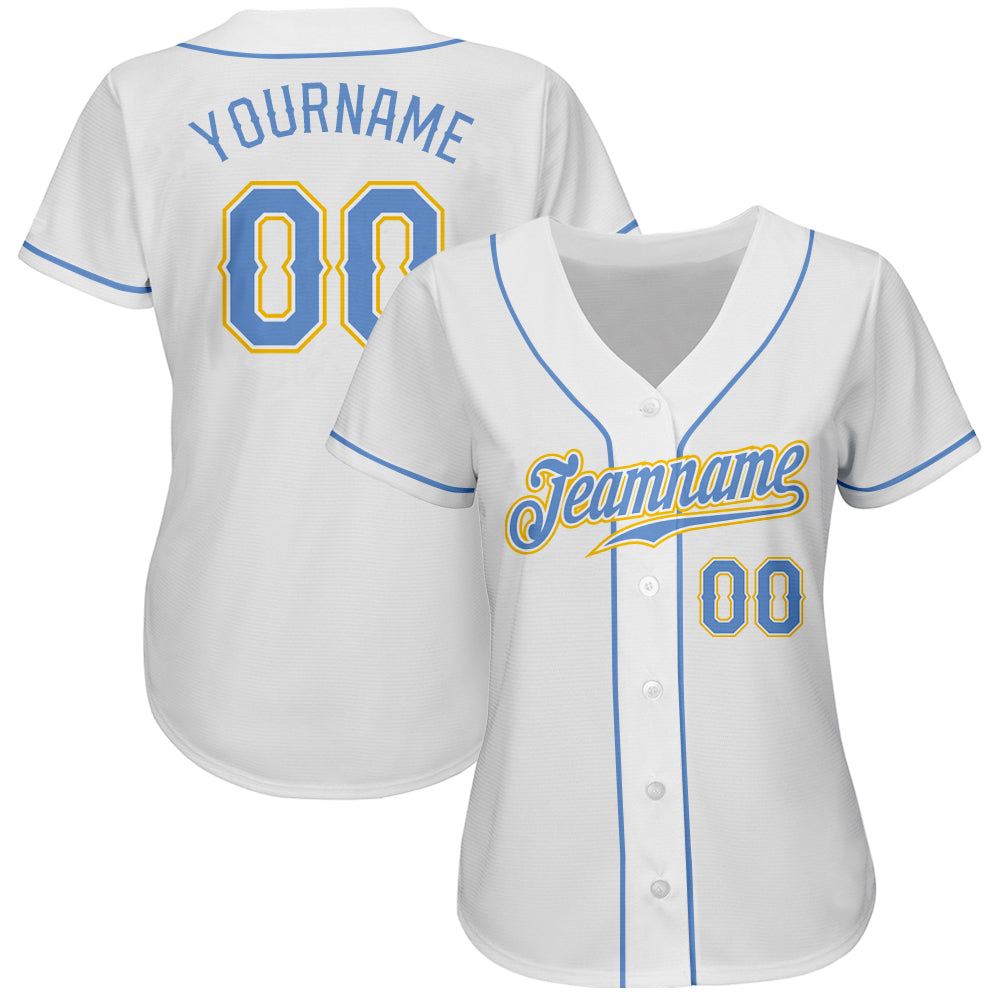 Custom White Light Blue-Gold Authentic Baseball Jersey view 2