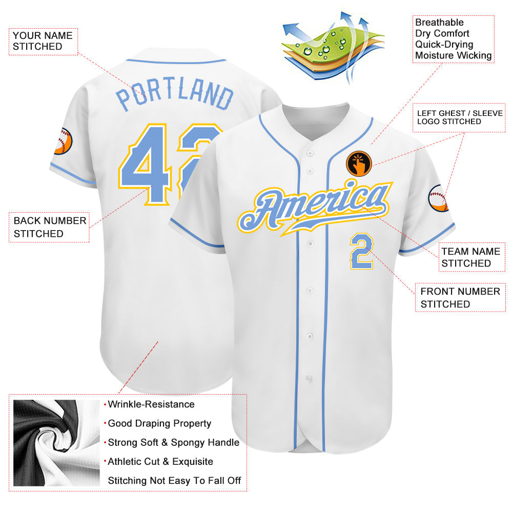 Custom White Light Blue-Gold Authentic Baseball Jersey view 3