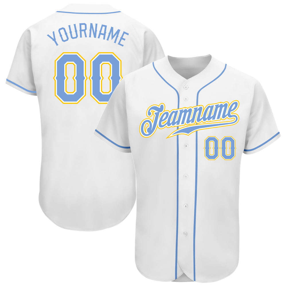 Custom White Light Blue-Gold Authentic Baseball Jersey - Main View