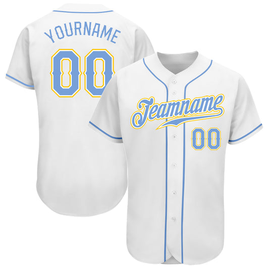 Custom White Light Blue-Gold Authentic Baseball Jersey - Main View